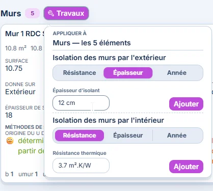 Définir les travaux — Testez différentes solutions d’isolation et renseignez leurs caractéristiques sur les composants concernés.
