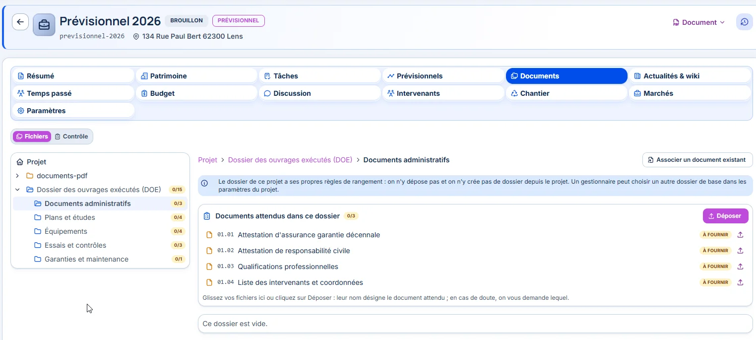 Un dossier documentaire par projet — Organisez le DOE et identifiez les pièces attendues, reçues ou encore à fournir.