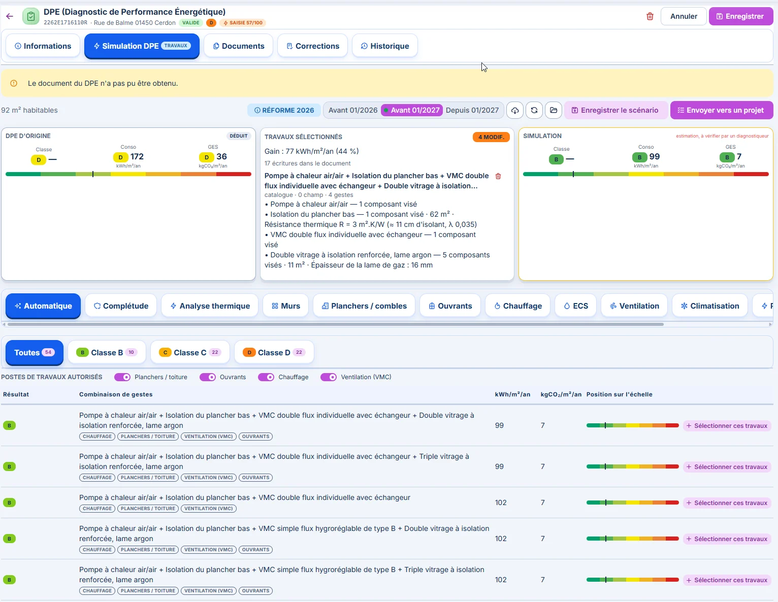 Explorer toutes les combinaisons — Calculez les scénarios possibles et comparez leurs effets sur les consommations, les émissions et les classes DPE.