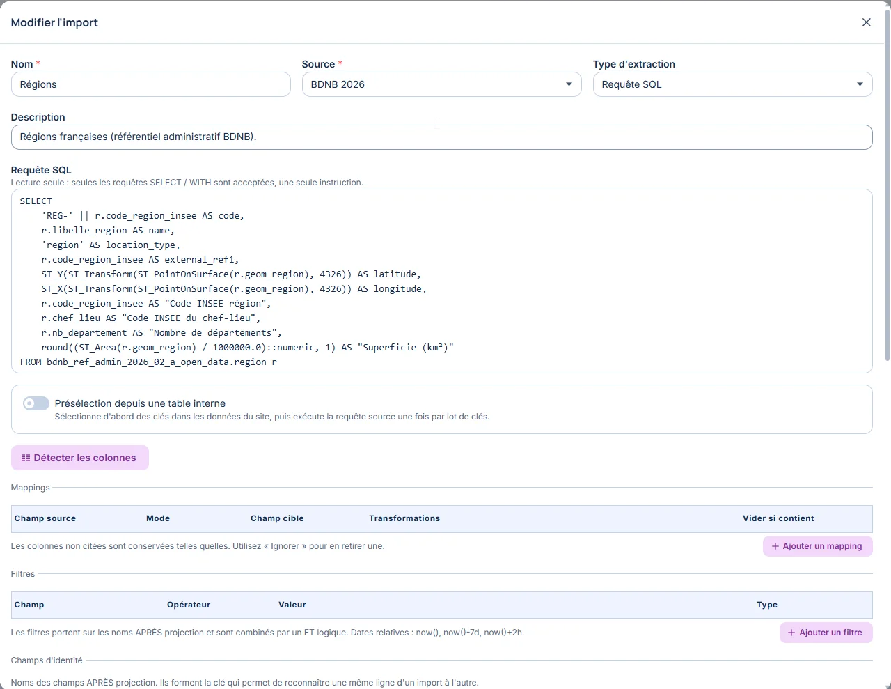 Imports SQL planifiables — Définissez la requête, les correspondances de champs et les règles de synchronisation.