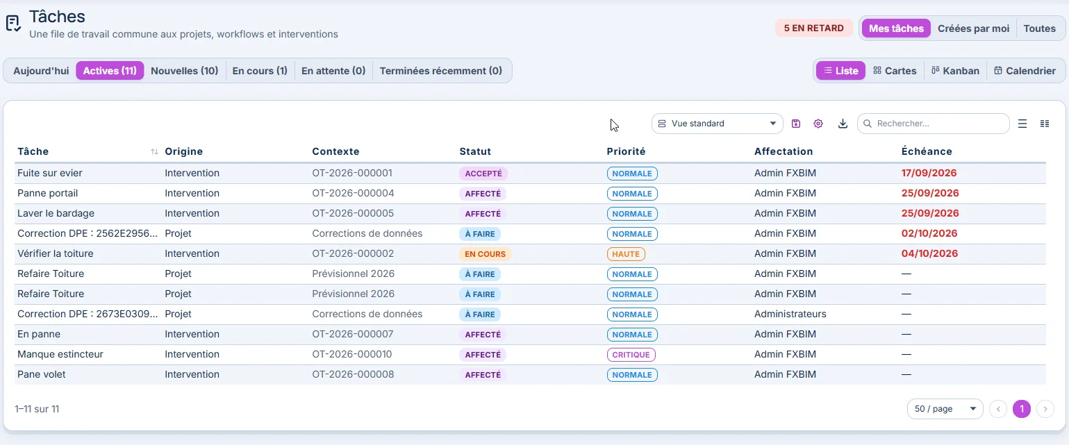 Une vue commune des tâches — Passez de la liste au kanban ou au calendrier, avec les statuts, responsables et échéances.