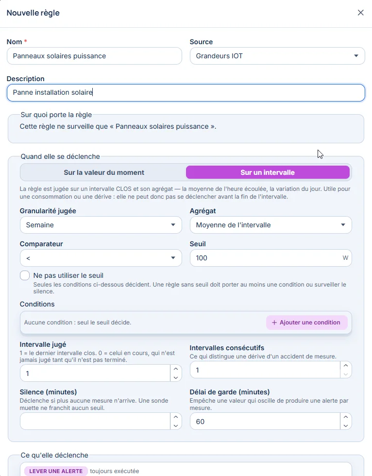 Des règles d’alerte configurables — Définissez les seuils, les fenêtres de mesure et la création de tâches associées.