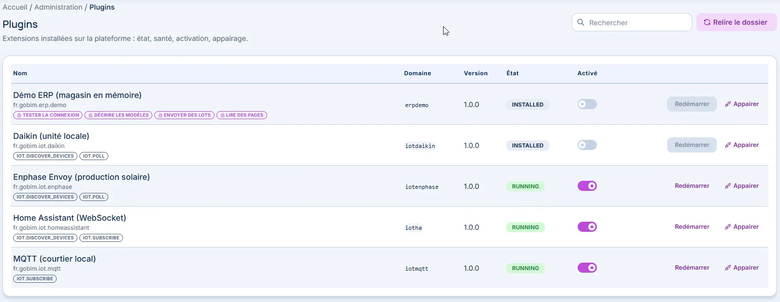 Plugins & intégrations — Gérez l’activation et l’état des extensions : ERP, MQTT, Home Assistant ou équipements connectés.