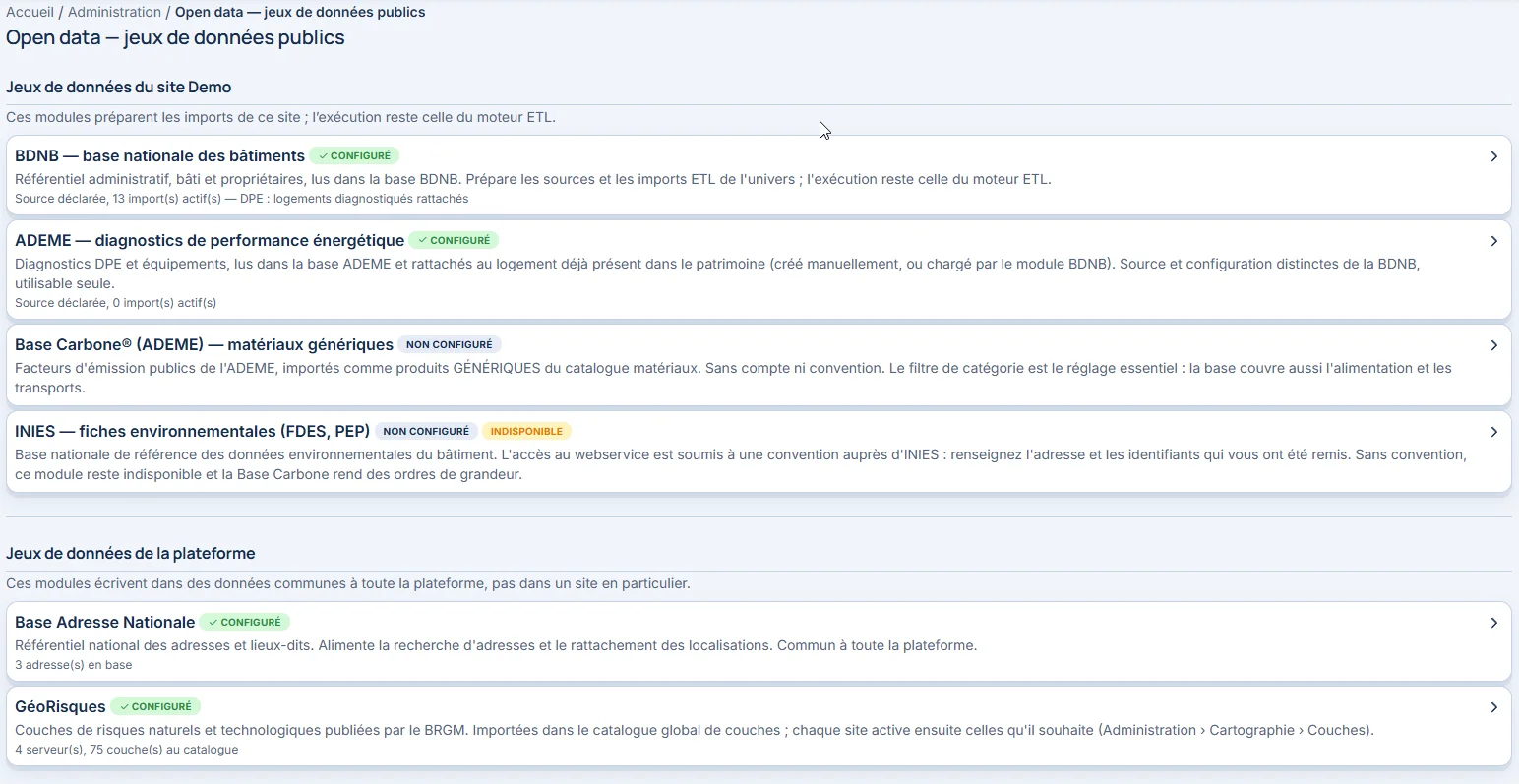 Préparer les imports open data — Configurez les sources BDNB, ADEME, adresses et risques ; certaines sources nécessitent des accès dédiés.